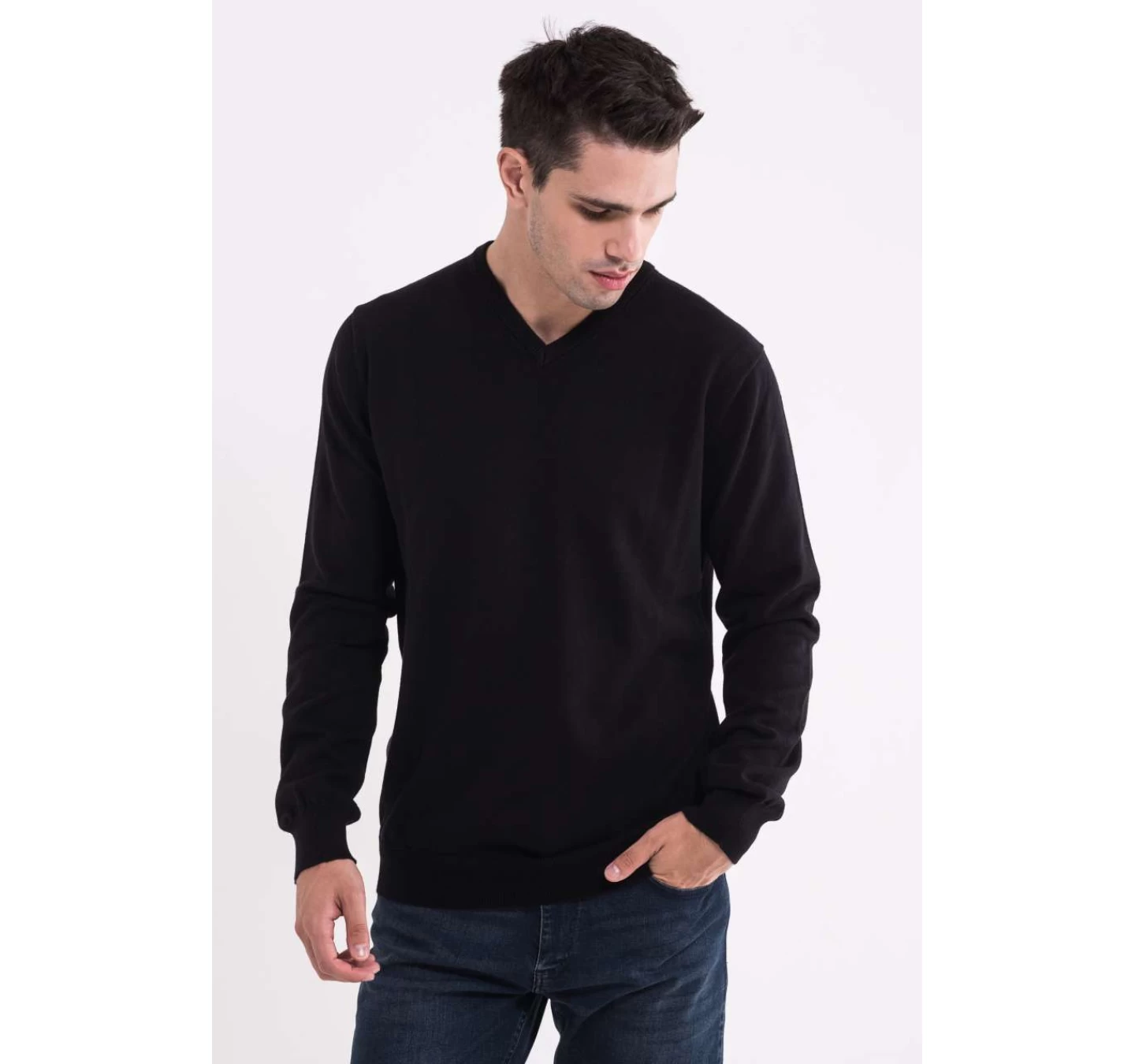 Pulover in V Bumbac LW9133 Negru Pulover in V Bumbac LW9133 Negru