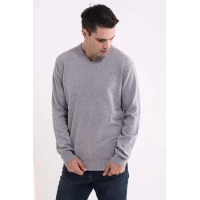 Pulover in V Bumbac LW9133 Light Melange Grey