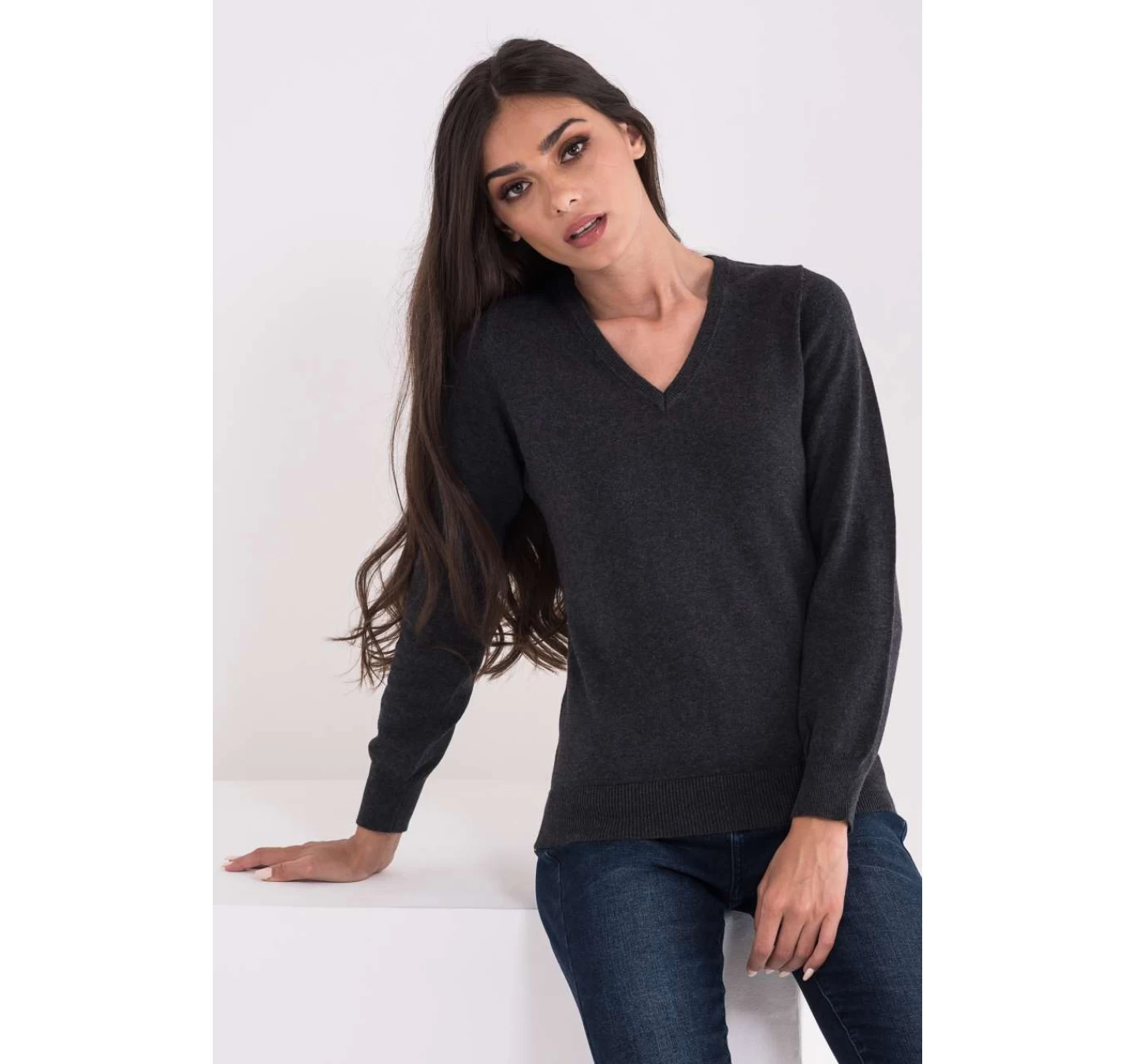 Pulover in V Bumbac LWL9133 Dark Melange Grey Pulover in V Bumbac LWL9133 Dark Melange Grey